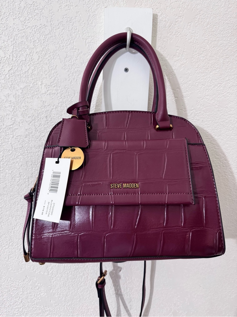 Steve Madden burgundy croc embossed satchel & crossbody,logo charm,antique gold